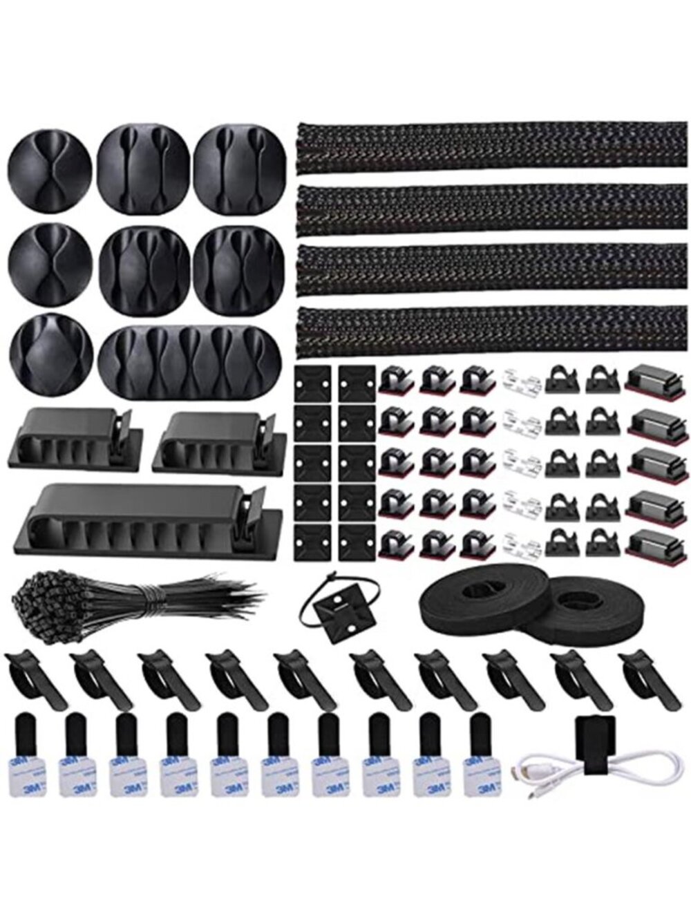 Cable Management Kit Cord Organizer Wire Clips Zip Ties Cable Sleeves Black
